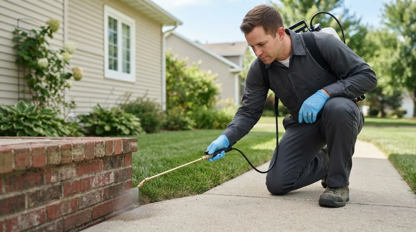 Pest control technician treating a home near Grand Rapids, MI