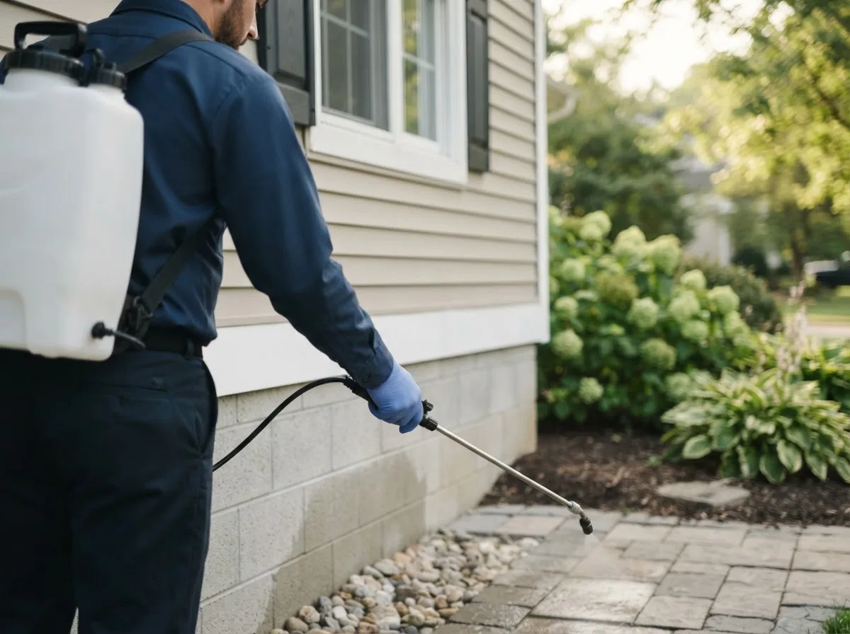 Pest control technician inspecting a home in Grand Rapids, MI